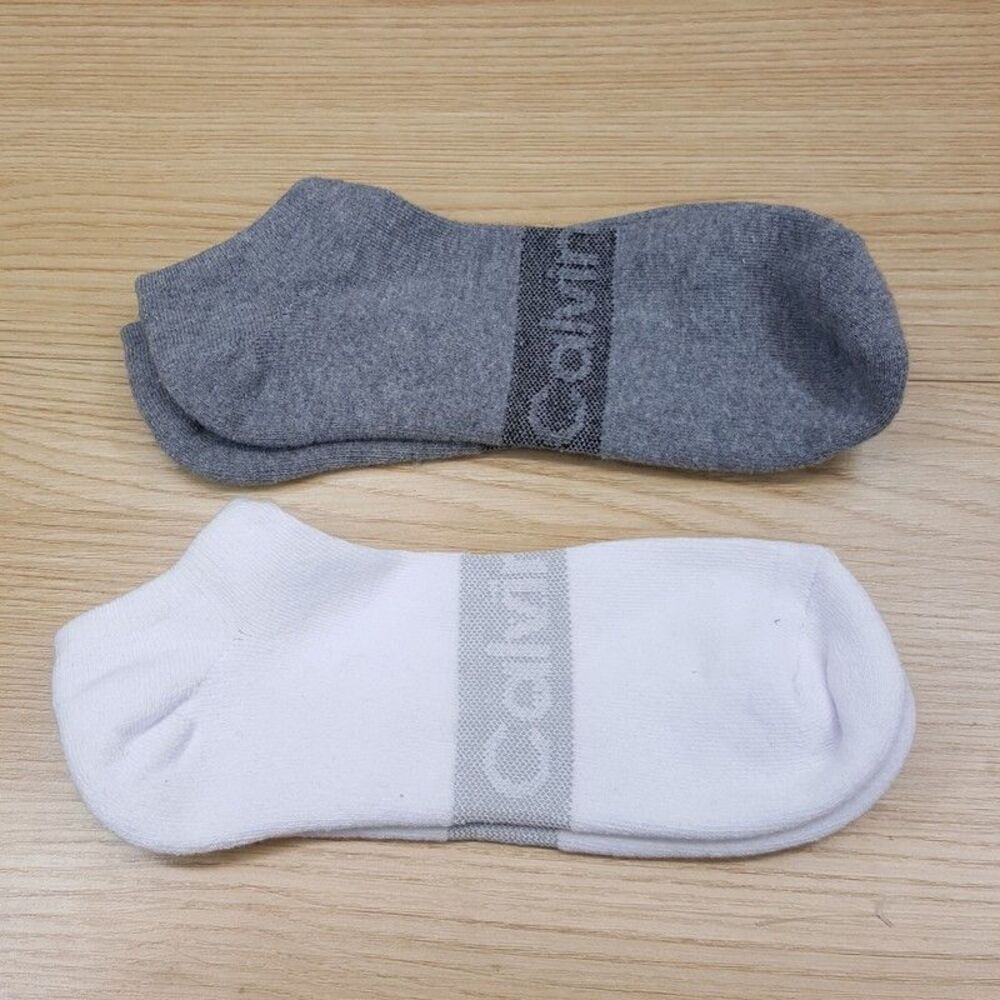 CALVIN KLEIN Low Cut Ankle Socks Mens White Gray 2-Pack Sport Cushioned CK Logo
